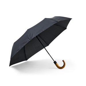 Ett stadigt kompaktparaply med kraftig träkrycka. Ramen i metall och grafit/glasfiberspröt längst ut i topparna gör konstruktionen tåligare mot vindar. Panelerna är vändbara. Paraplyet har automatisk uppfällning och tredelat svart stålskaft.